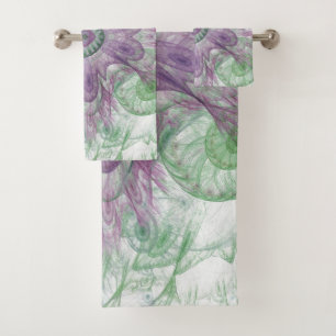 Modern Abstract Fractal Purple and Green Design Bath Towel Set