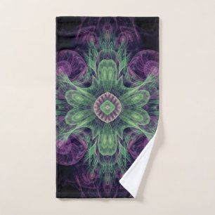 Modern Abstract Fractal Purple and Green Design Hand Towel