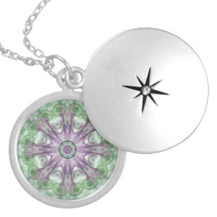 Modern Abstract Fractal Purple and Green Design Locket Necklace