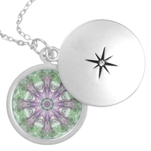 Modern Abstract Fractal Purple and Green Design Locket Necklace (Front)