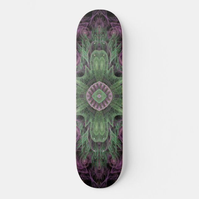 Modern Abstract Fractal Purple and Green Design Skateboard Deck (Front)