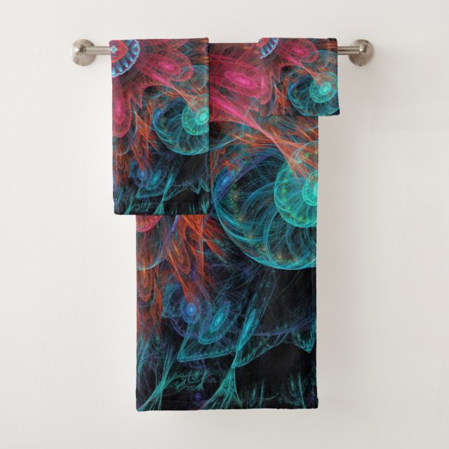 Modern Abstract Fractal Red and Blue Design Bath Towel Set (Insitu)