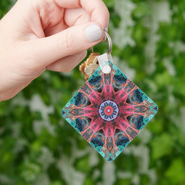 Modern Abstract Fractal Red and Blue Design Keychain (Hand)