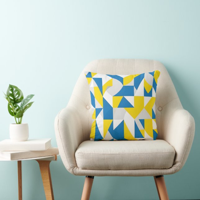 Modern Abstract Geometric Blue and Yellow Mosaic Throw Pillow (Chair)