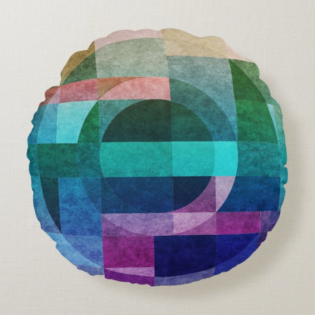 Modern abstract geometric Blue green pink Circle Round Pillow (Front)