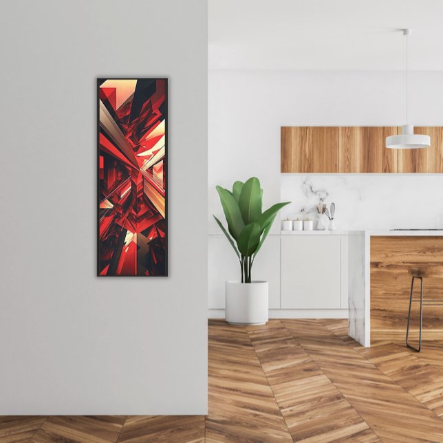 Modern Abstract Geometric Burst in Red Grey Black Canvas Print (Vertical Slim Printed Canvas Stiking Red, Black and Gold Tones Geometric Abstract Burst)