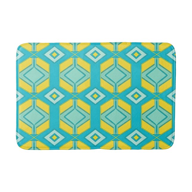 Modern Abstract Geometric Hexagon Teal and Yellow Bath Mat (Front)
