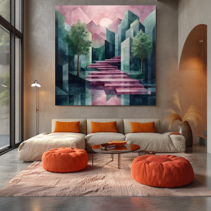 Modern Abstract Geometric Landscape Pink & Green Canvas Print
