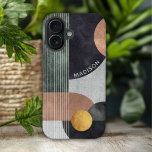 Modern Abstract Geometric Marble Custom Name iPhone 16 Case<br><div class="desc">Modern Abstract Geometric Marble Custom Name iPhone 16 Cases features black,  rose gold and gold watercolor geometric shapes on a gray marble background with stripes and your personalized name in modern white script. Personalize by editing the text in the text box provided. Designed by ©Evco Studio www.zazzle.com/store/evcostudio</div>