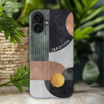 Modern Abstract Geometric Marble Custom Name iPhone 16 Plus Case<br><div class="desc">Modern Abstract Geometric Marble Custom Name iPhone 16 Plus Cases features black,  rose gold and gold watercolor geometric shapes on a gray marble background with stripes and your personalized name in modern white script. Personalize by editing the text in the text box provided. Designed by ©Evco Studio www.zazzle.com/store/evcostudio</div>