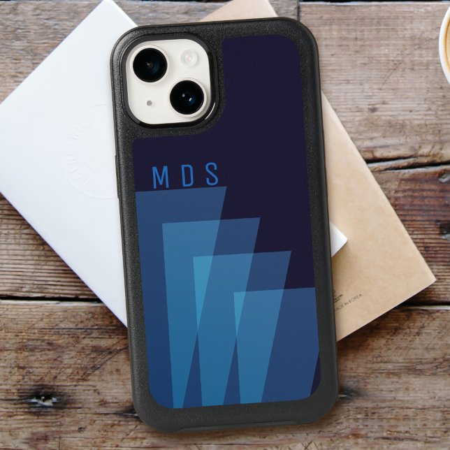 Modern Abstract Geometric Midnight Blue Monogram iPhone 15 Case (A cool blue modern geometric design with your initials)