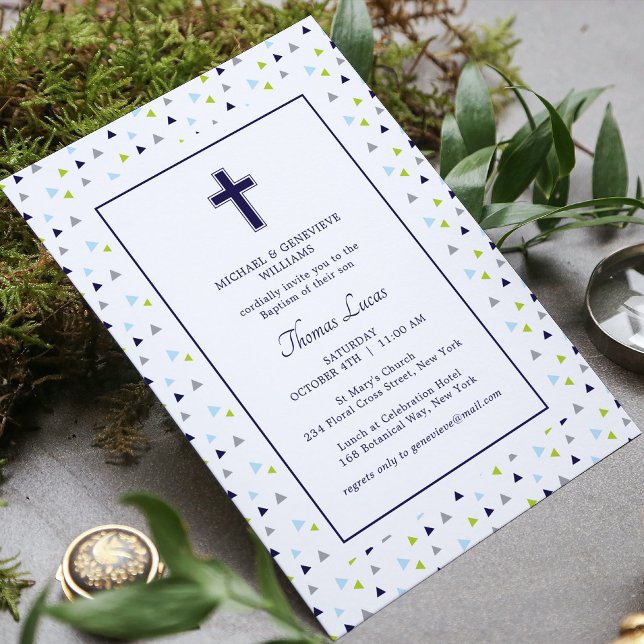 Modern Abstract Geometric Pattern Cross Baptism Invitation (Creator Uploaded)