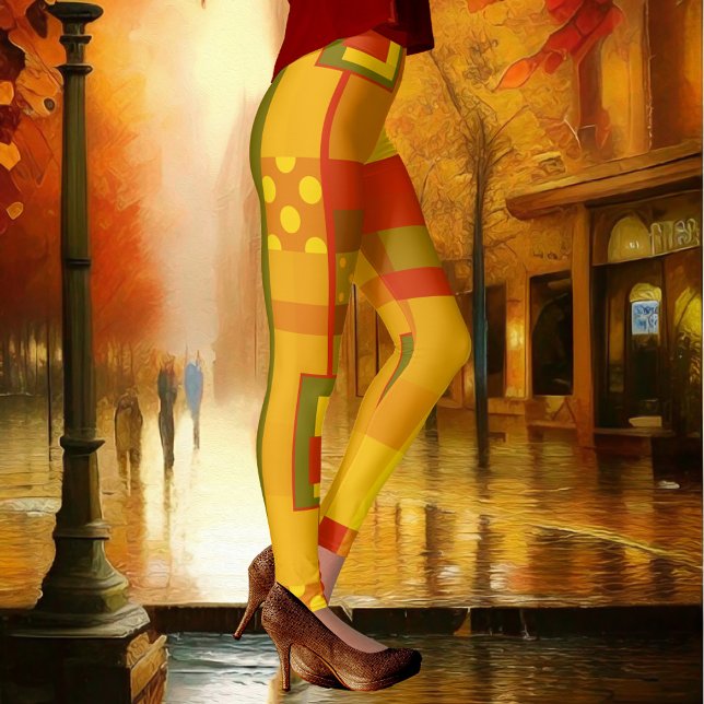 Modern Abstract Geometric Pattern Design Leggings (Colorful leggings with a modern geometric pattern design in warm autumn colors)