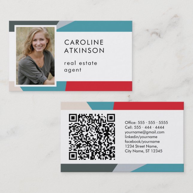 Modern Abstract Geometric Photo QR Code  Business Card (Front/Back)