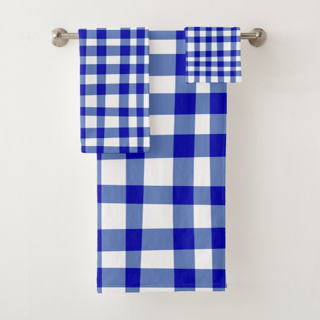 Modern Abstract Gingham Plaid in Bold Blue White Bath Towel Set (Insitu)