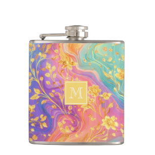 Modern Abstract Glitter Floral Monogram Design Flask