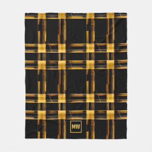 Modern abstract, gold and black plaid monogram fleece blanket