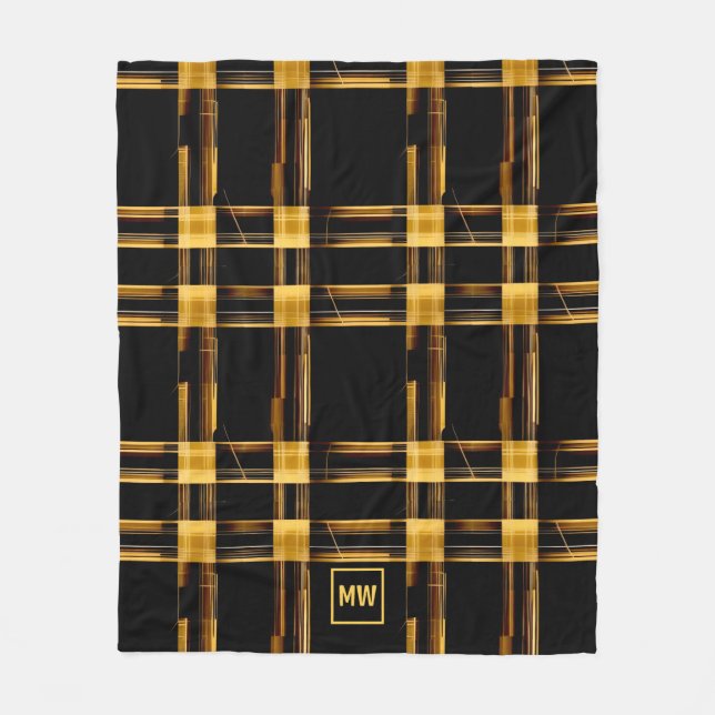 Modern abstract, gold and black plaid monogram fleece blanket (Front)