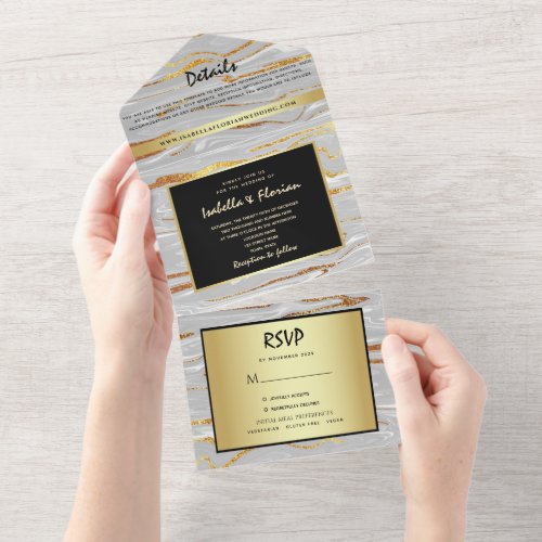 Modern Abstract Gold and Black Wedding All In One Invitation