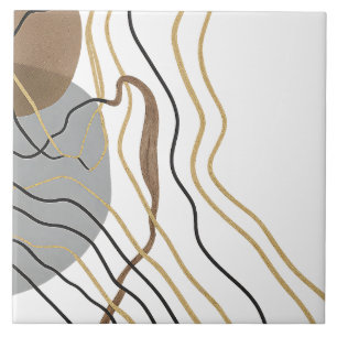 Modern Abstract Gold Line Art Neutral Grey Brown Ceramic Tile