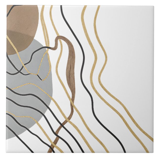 Modern Abstract Gold Line Art Neutral Grey Brown  Ceramic Tile (Front)