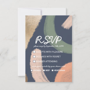 Modern Abstract Gold Navy Pink Sage Wedding RSVP Card