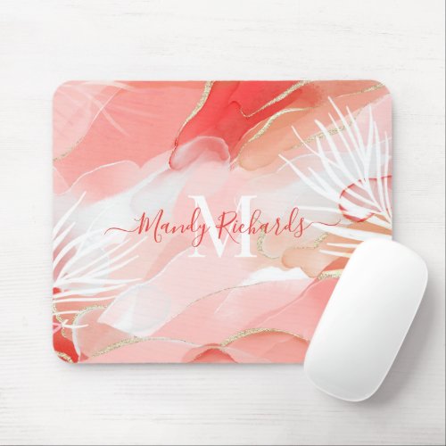 Modern Abstract Gold Pink  Red Watercolor Ink Mouse Pad