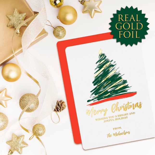 Modern Abstract Gold Red Green Tree Christmas Foil Foil Holiday Card (Creator Uploaded)