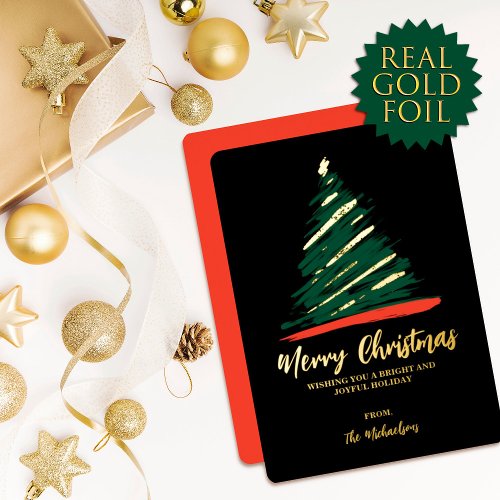Modern Abstract Gold Red Green Tree Christmas Foil Holiday Card
