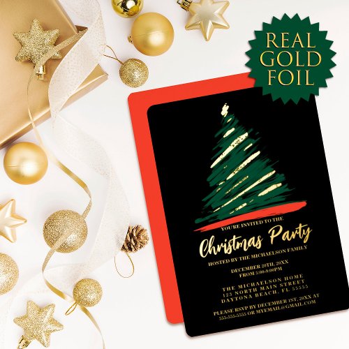 Modern Abstract Gold Red Green Tree Christmas Foil Invitation