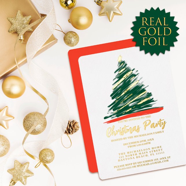 Modern Abstract Gold Red Green Tree Christmas Foil Invitation (Creator Uploaded)
