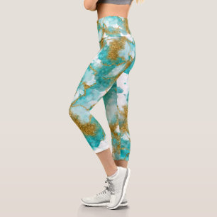 Modern Abstract Gold Turquoise Teal Watercolor Capri Leggings