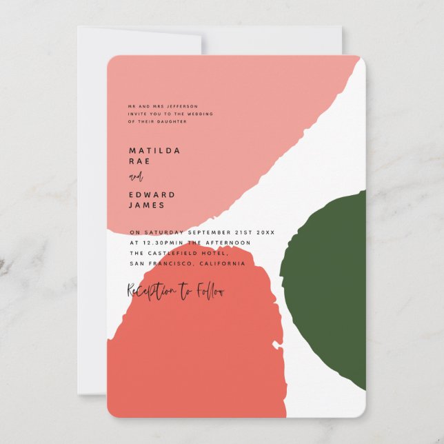 Modern abstract graphic red, pink + green announcement (Front)