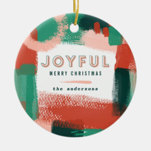 Modern abstract graphic red, pink + green joyful ceramic ornament