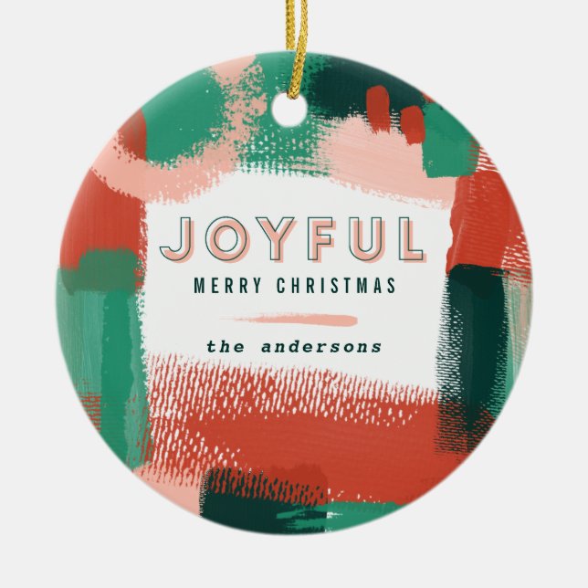 Modern abstract graphic red, pink + green joyful ceramic ornament (Front)