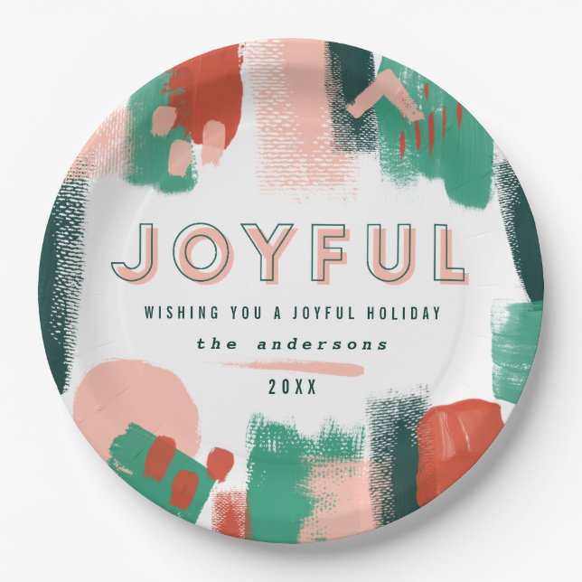 Modern abstract graphic red, pink + green joyful paper plates (Front)
