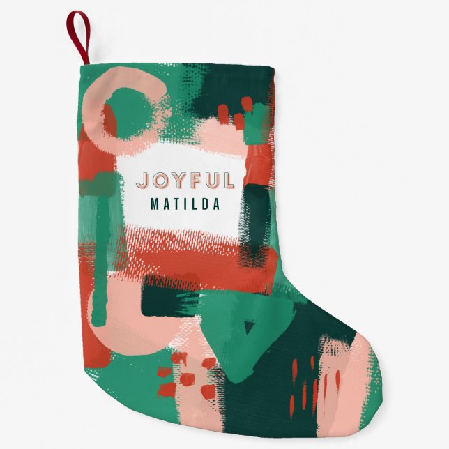 Modern abstract graphic red, pink + green joyful small christmas stocking (Front)