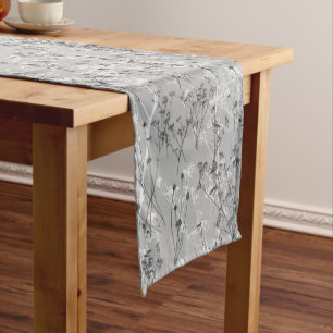 Modern Abstract Gray White Wildflowers Short Table Runner