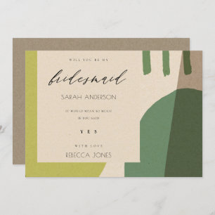 MODERN ABSTRACT GREEN ARTISTIC BE MY BRIDESMAID INVITATION