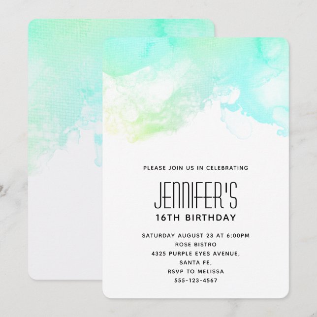 Modern Abstract Green & Blue Watercolor Birthday Invitation (Front/Back)