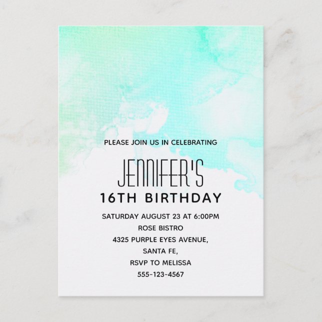 Modern Abstract Green & Blue Watercolor Birthday Invitation Postcard (Front)