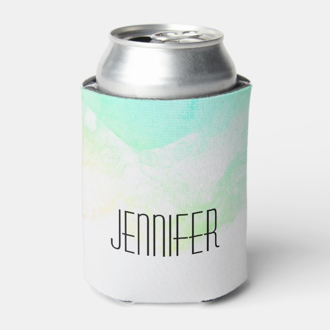 Modern Abstract Green & Blue Watercolor Swirls Can Cooler (Can Front)