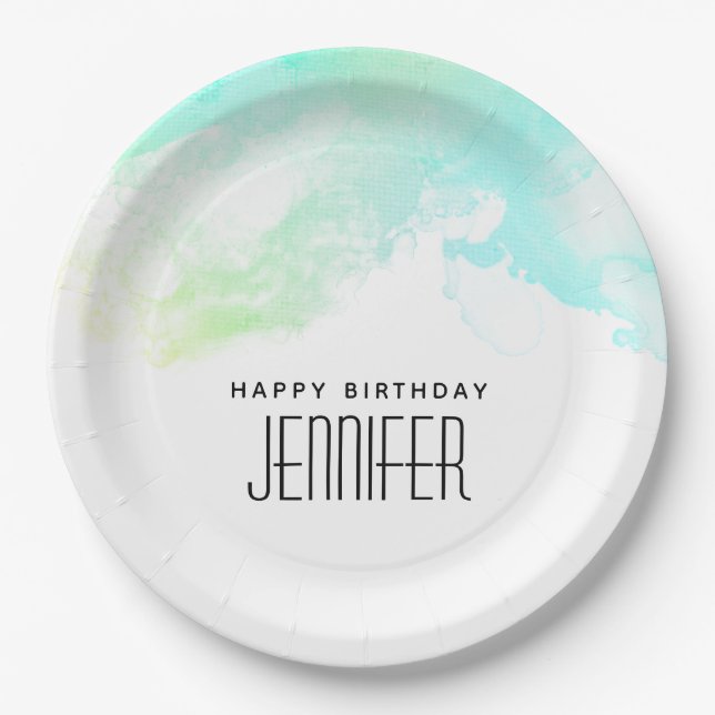 Modern Abstract Green & Blue Watercolor Swirls Paper Plates (Front)