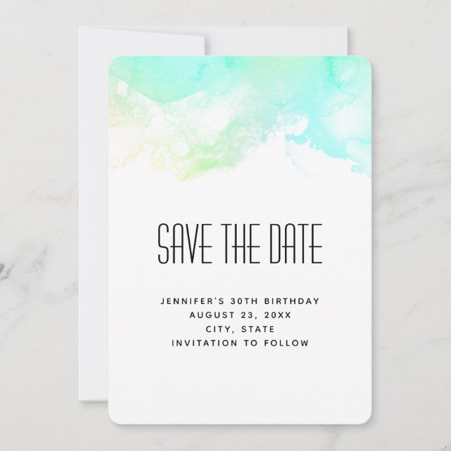 Modern Abstract Green & Blue Watercolor Swirls Save The Date (Front)