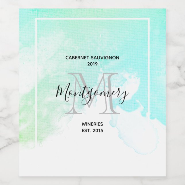 Modern Abstract Green & Blue Watercolor Wine Maker Wine Label (Single Label)