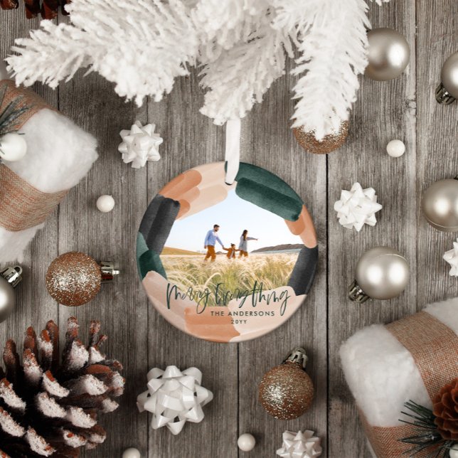 Modern abstract green full bleed 1 photo Christmas Ceramic Ornament (Creator Uploaded)