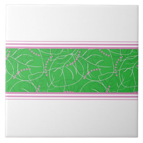 Modern Abstract Green Pink Floral Version 2 Border Ceramic Tile