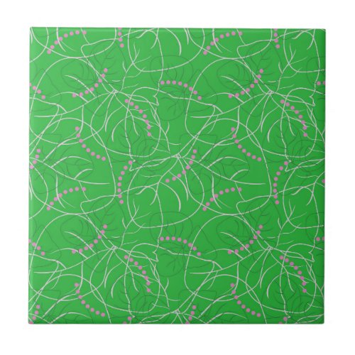 Modern Abstract Green Pink Floral Version 3 Ceramic Tile