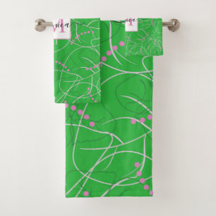 Modern Abstract Green Pink White Monogram Floral Bath Towel Set