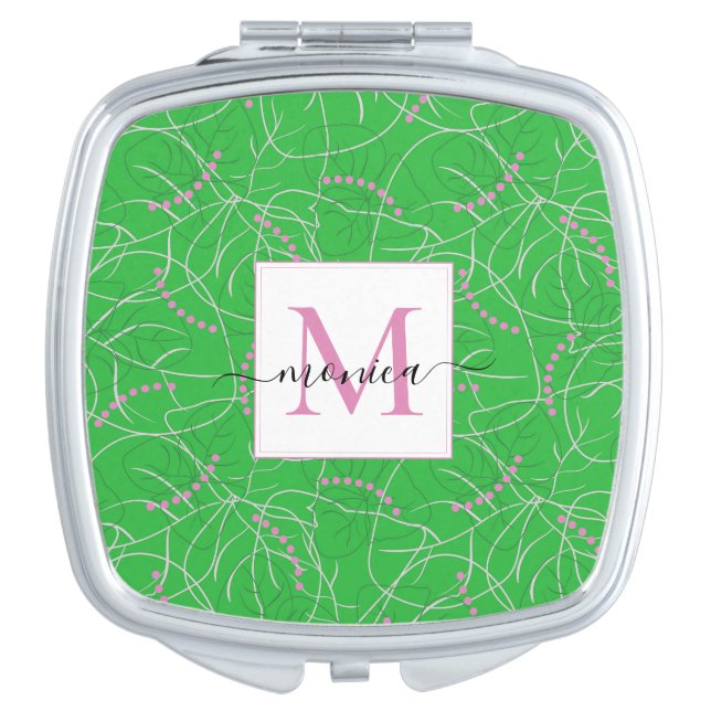 Modern Abstract Green Pink White Monogram Floral Compact Mirror (Front)